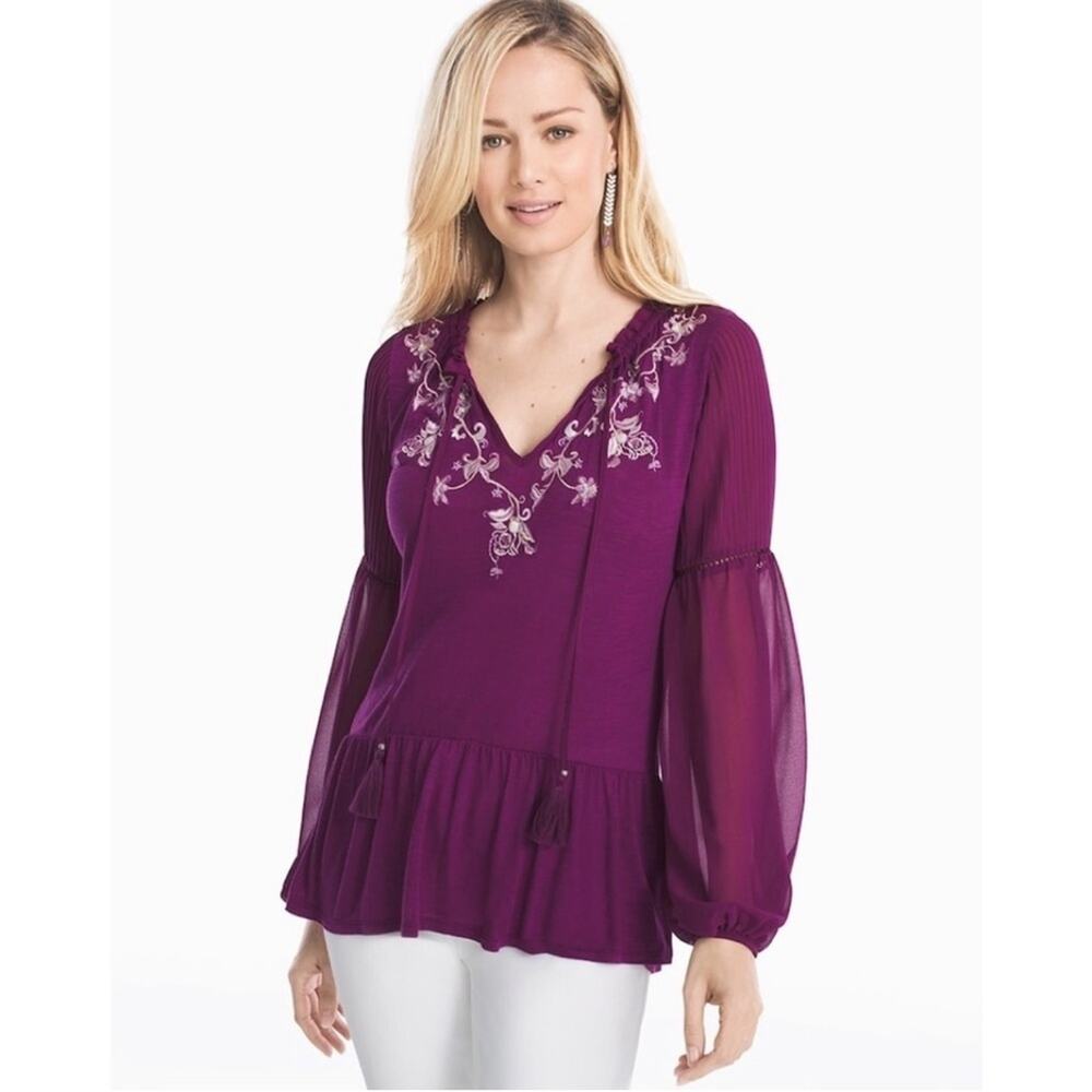 WHBM Purple Floral Embroidered Peasant Sleeve Tassel Bohemian Boho Chic Top XXS